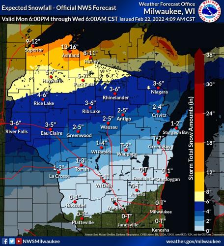 Wisconsin snow potential by National Weather Service