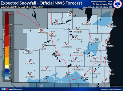 Expected snow 6 p.m. Saturday to 6 a.m. Monday