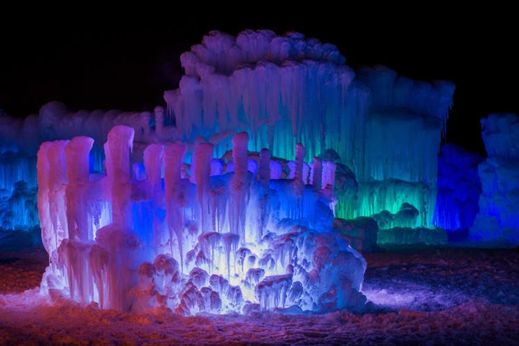 Ice castle structures in Stillwater, Minnesota have looked impressive at night