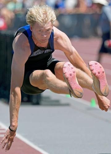 Waukesha West High Schools Cole Zielinski breaks the state record with a 25 foot jump in the Division 1 long jump during day 2 of the WIAA state track and field meet Saturday, June 6, 2026 at Veterans Memorial Field Sports Complex in La Crosse, Wisconsi...