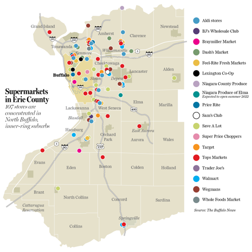 Supermarkets in Erie County map 05-27-2022