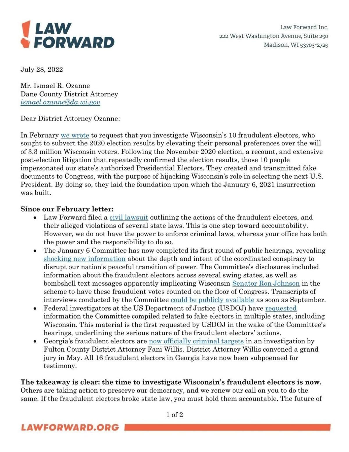 Law Forward letter to Ozanne