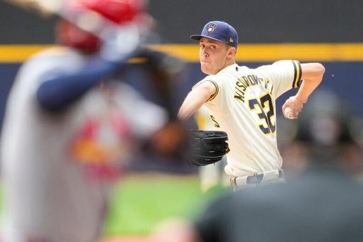 May 25, 2026; Milwaukee, Wisconsin, USA; Milwaukee Brewers pitcher Jacob Misiorowski (32) throws a pitch during the second inning against the St. Louis Cardinals at American Family Field. Mandatory Credit: Jeff Hanisch-Imagn Images