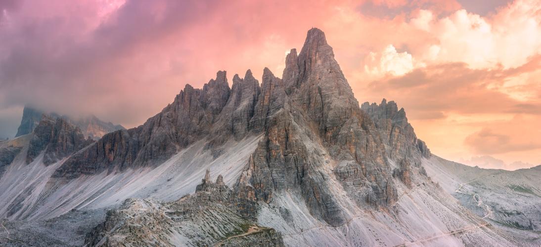 Mountain ridge view of Tre Cime di Lavaredo, South Tirol, Dolomites Italian Alps.