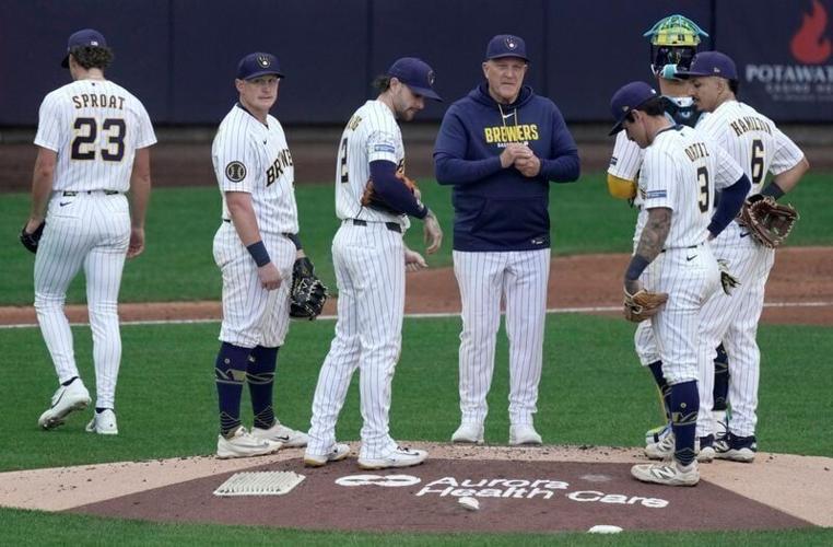 Milwaukee Brewers manager Pat Murphy relieves pitcher Brandon Sproat (23) during the fifth inning of their game against the Los Angeles Dodgers Sunday, May 24, 2026 at American Family Field in Milwaukee, Wisconsin.
