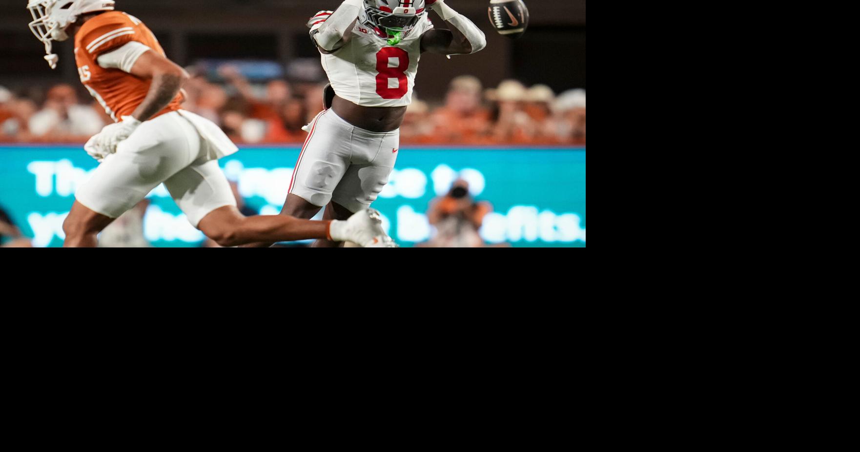Ohio State Buckeyes safety Jaylen McClain (8) reacts to a missed interception during the NCAA football game against the Texas Longhorns at Darrell K Royal–Texas Memorial Stadium in Austin, Texas on Sept. 12, 2026. Texas won 24-23.
