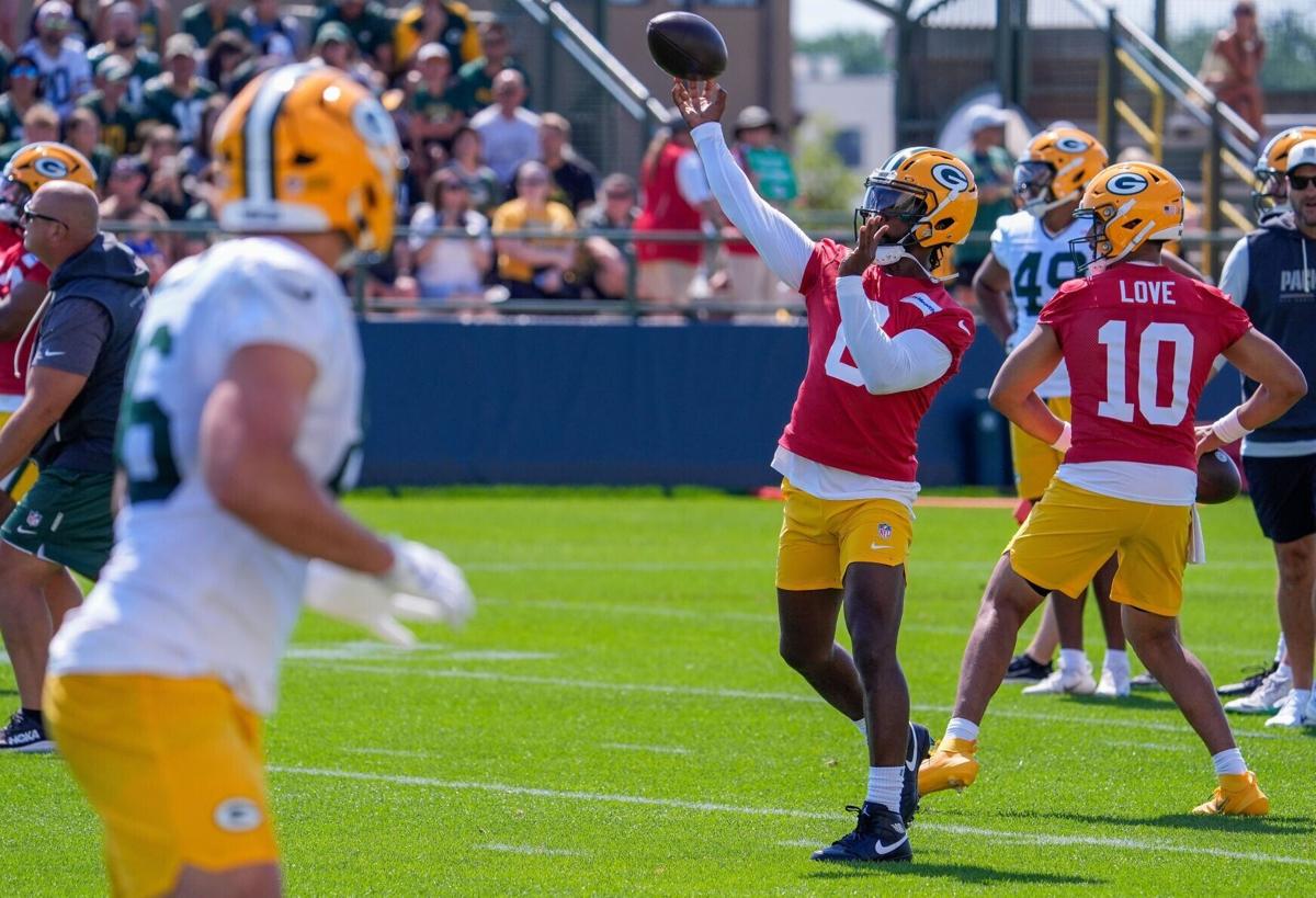 Green Bay Packers quarterback Tyrod Taylor (6) passes the ball during practice on Sunday, Aug. 2, 2026, at Ray Nitschke Field in