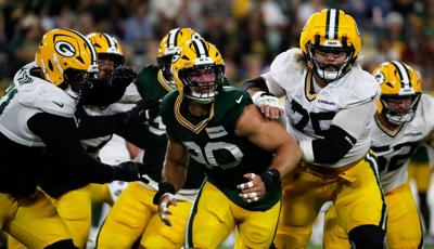 Green Bay Packers defensive end Lukas Van Ness (90) during Green Bay Packers Family Night on Aug. 7, 2026, at Lambeau Field in