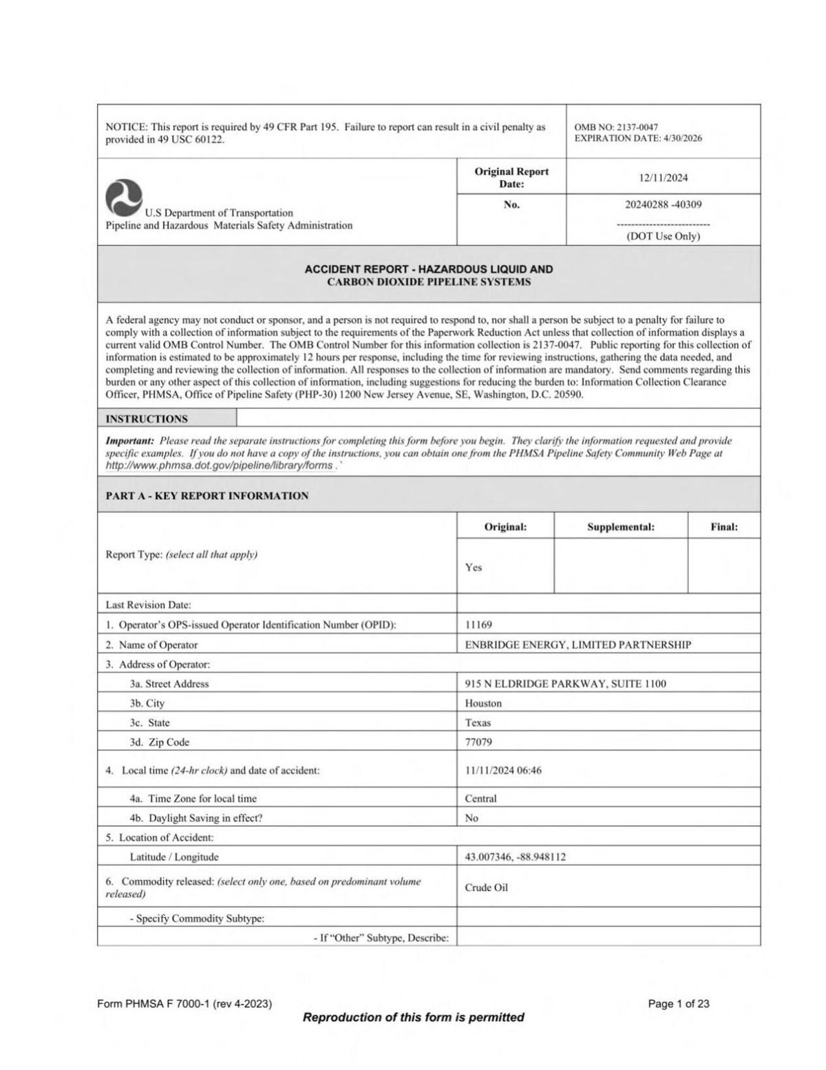 Read the Pipeline and Hazardous Materials Safety Administration report on Cambridge oil spill