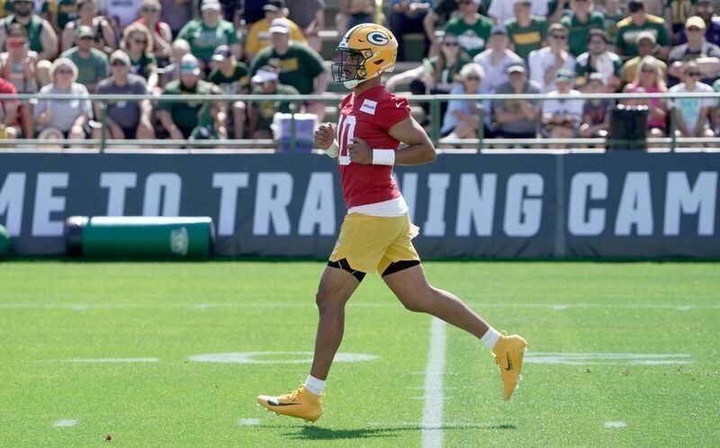 Green Bay Packers quarterback Jordan Love (10) is shown during the first day of training camp Wednesday, July 29, 2026 in Green Bay, Wisconsin. It is the first of three consecutive public practices.