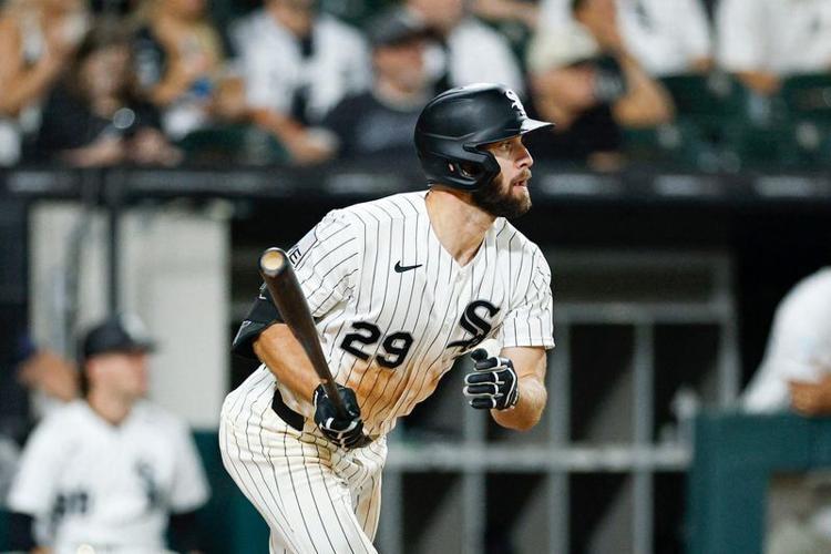 Aug 8, 2026; Chicago, Illinois, USA; Chicago White Sox center fielder Tristan Peters (29) hits a two-run double against the Cleveland Guardians during the sixth inning at Rate Field. Mandatory Credit: Kamil Krzaczynski-Imagn Images
