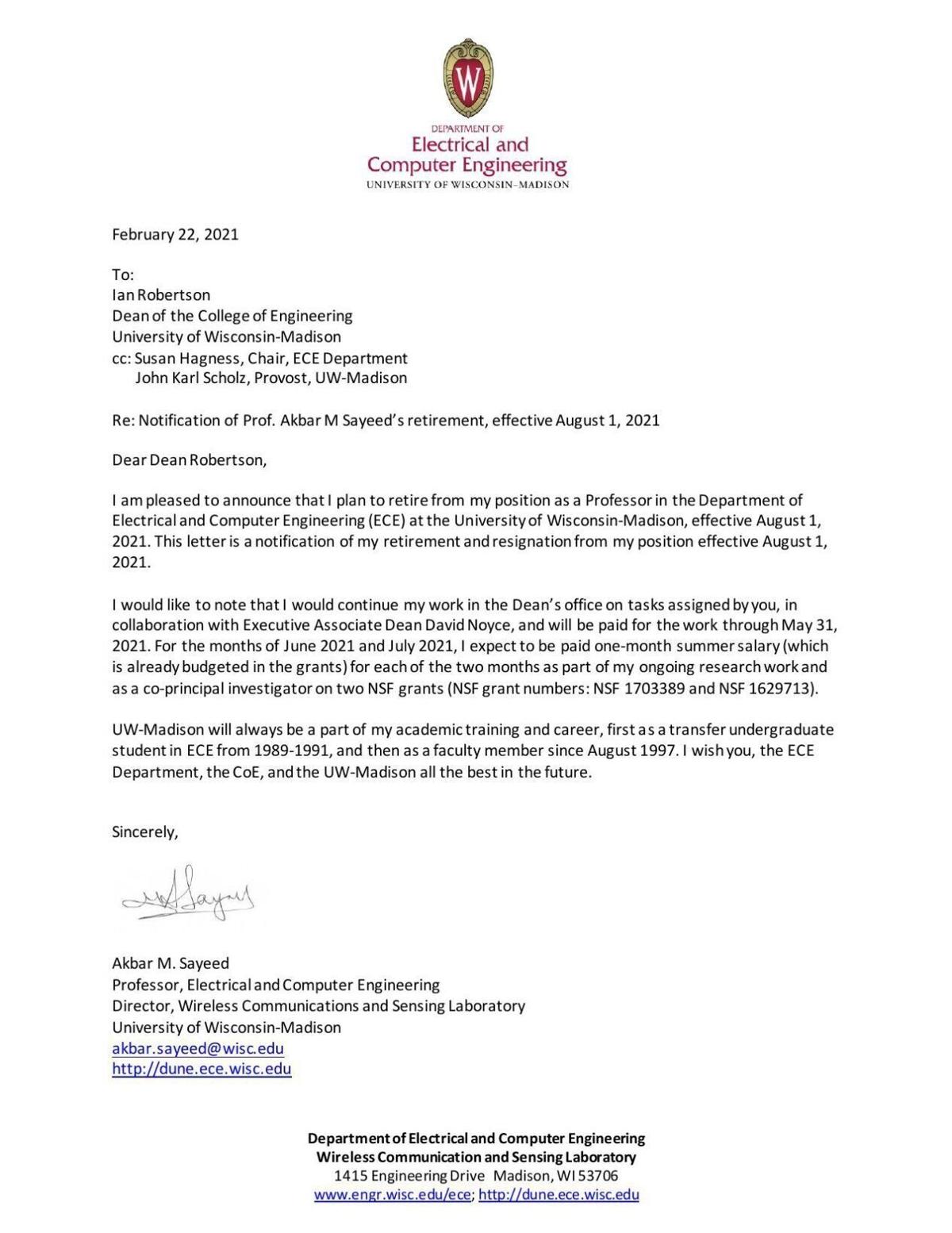 Akbar Sayeed resignation letter