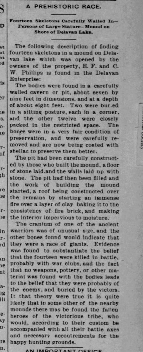 Pre-Historical Race (Giant Humans found in Delavan, 1911) in Lake Geneva newspaper
