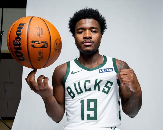 Milwaukee Bucks guard Kam Jones (19) poses for a photo during Milwaukee Bucks media day at the Froedtert & MCW Sports Science Center in Milwaukee, Wisconsin on Sept. 28, 2026.