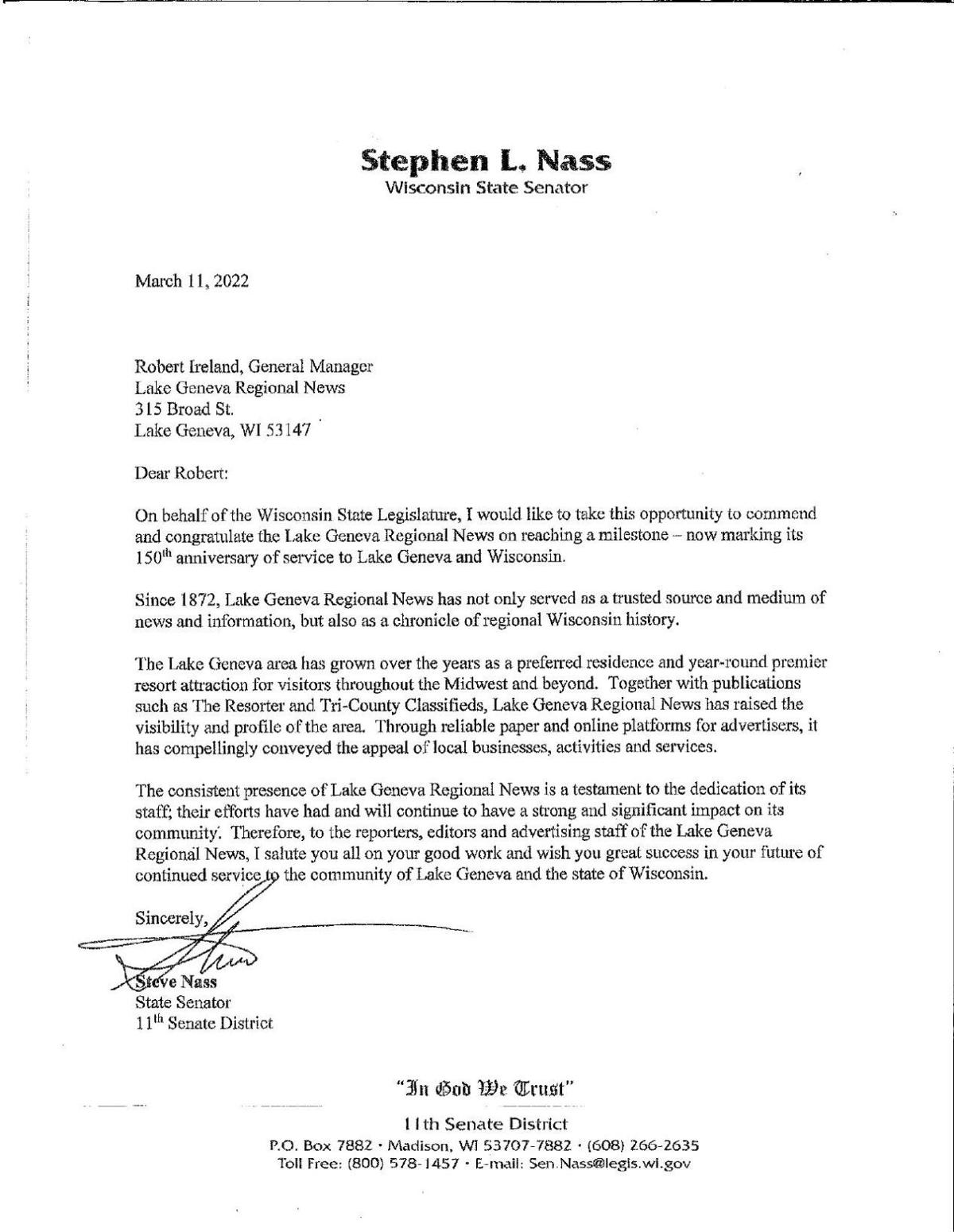 Letter from Sen. Nass