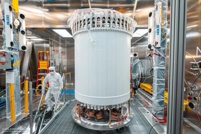 The LUX-ZEPLIN dark matter experiment main detector in a surface lab before installation underground at the Sanford Underground Research Facility in Lead