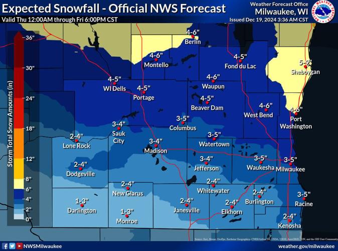 NWS southern Wisconsin expected snow totals through 6 p.m. Friday 12-19-24