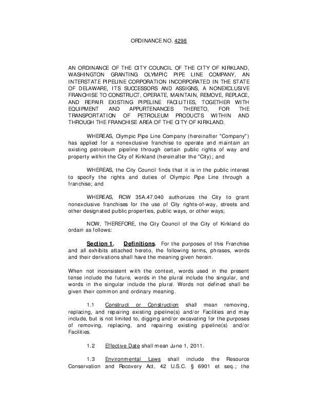 Kirkland, WA, pipeline spill insurance ordinance