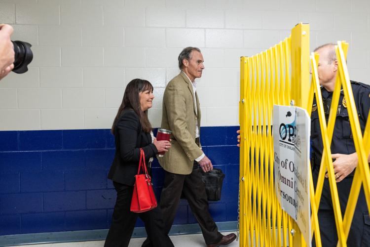 Joe Gow arrives at faculty senate hearing