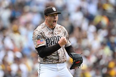 Padres reliever Mason Miller celebrates after San Diego's win against the Blue Jays at Petco Park in San Diego on July 12, 2026.