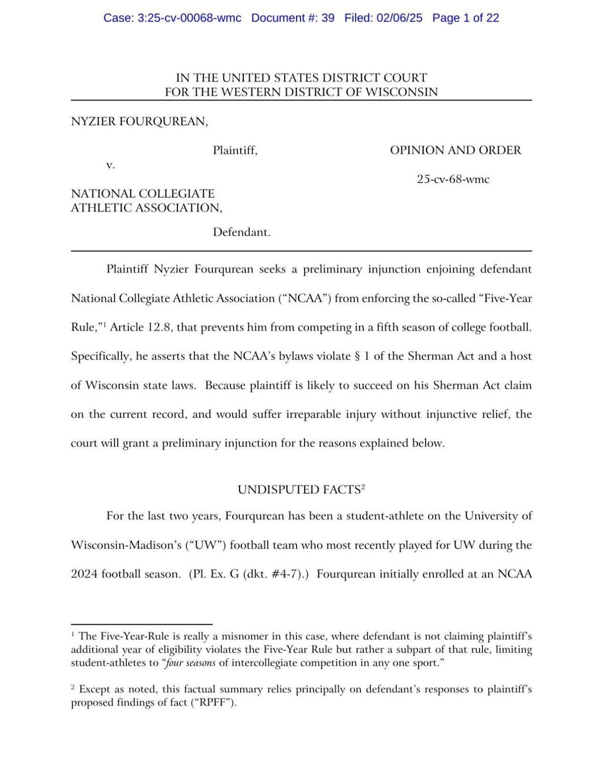 William Conley grants preliminary injunction to Nyzier Fourqurean
