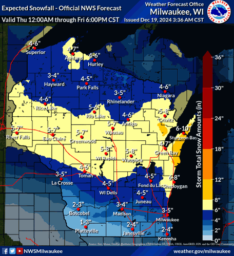 NWS Wisconsin expected snow totals through 6 p.m. 12-19-24