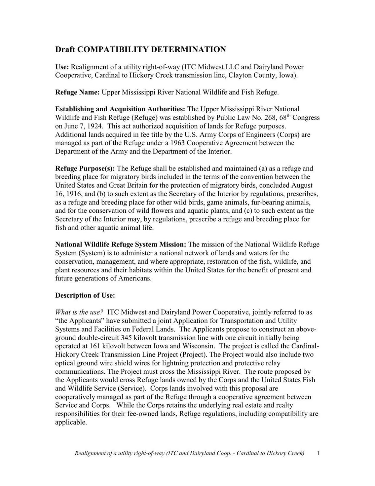 Cardinal-Hickory Creek compatibility determination