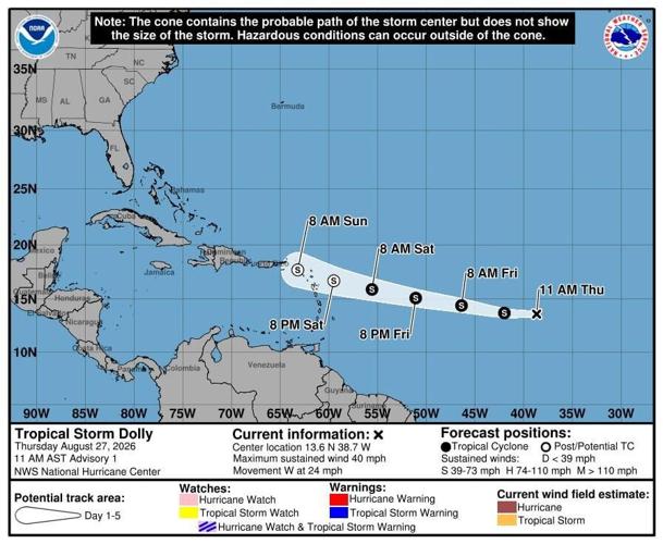 Tropical Storm Dolly formed on Aug. 27, 2026 roughly 1,500 miles east of the Windward Islands. It's forecast to pass near the Leeward Islands and approach the Virgin Islands, Puerto Rico and Hispaniola with heavy rain and potential flash flooding, whether