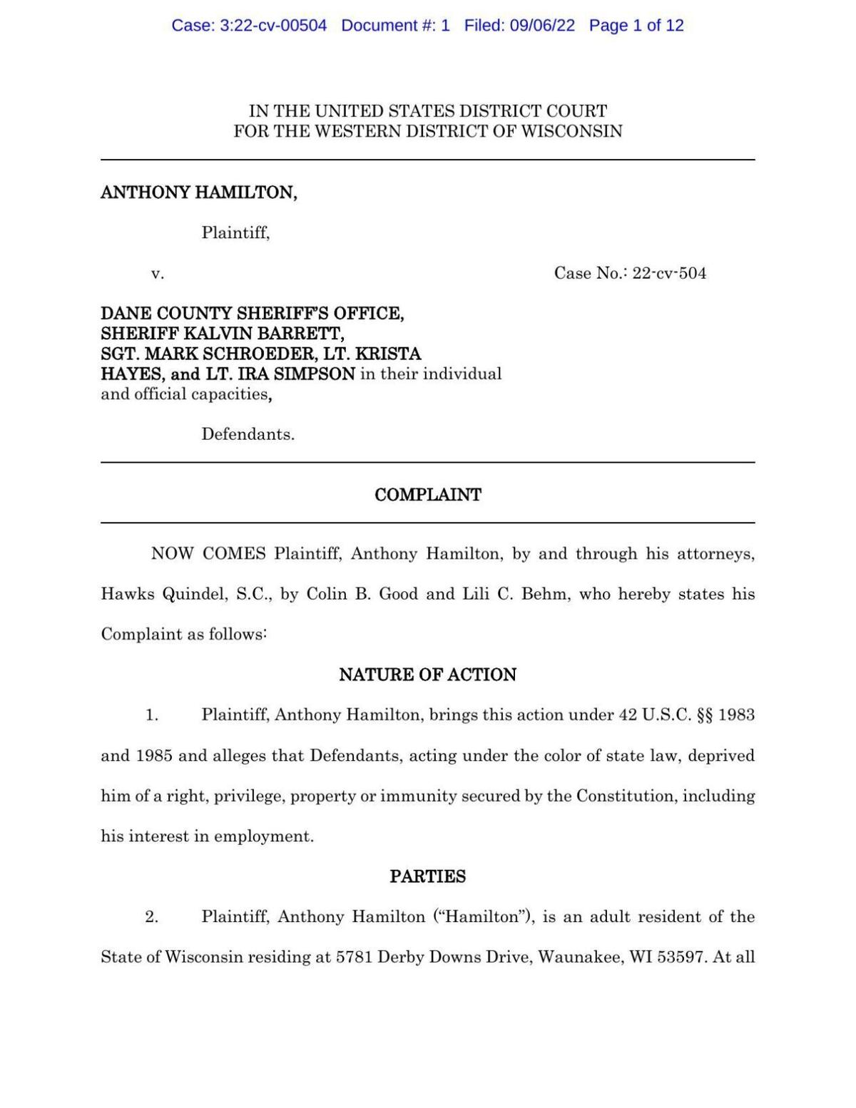 Anthony Hamilton lawsuit against Sheriff's Office