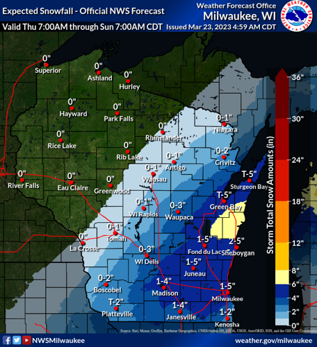 Wisconsin expected snow totals through Sunday, NWS photo