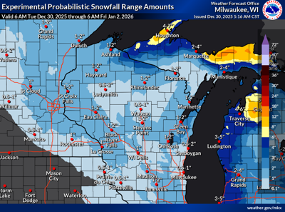 NWS probable snowfall through Friday 1-2-26 6 a.m.