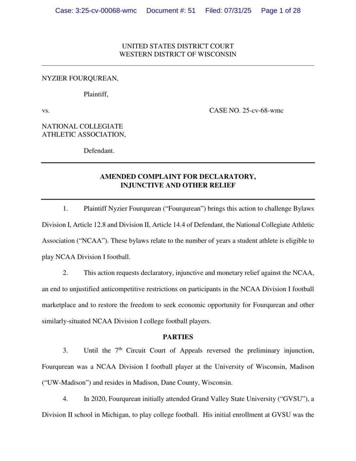 Nyzier Fourqurean amended complaint, July 31, 2025
