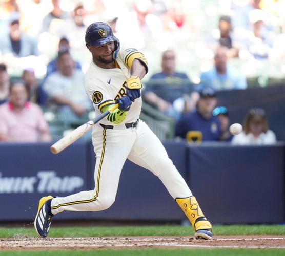 Milwaukee Brewers left fielder Jackson Chourio (11) called out on strikes during the third inning of the game against the St.