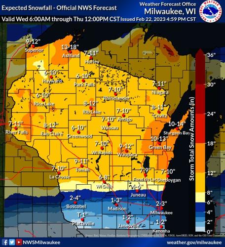 Wisconsin expected snow totals from storm, NWS