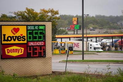 Trucks fill up on diesel at a truck stop off Interstate 80 in Clive.