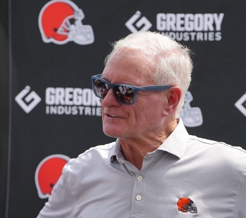 Cleveland Browns owner Jimmy Haslam responds to a question after training camp on July 31. Haslam, who is also a co-owner of the Milwaukee Bucks, addressed the media for the first time about trading Giannis Antetokounmpo.
