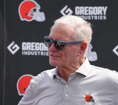 Cleveland Browns owner Jimmy Haslam responds to a question after training camp on July 31. Haslam, who is also a co-owner of the Milwaukee Bucks, addressed the media for the first time about trading Giannis Antetokounmpo.