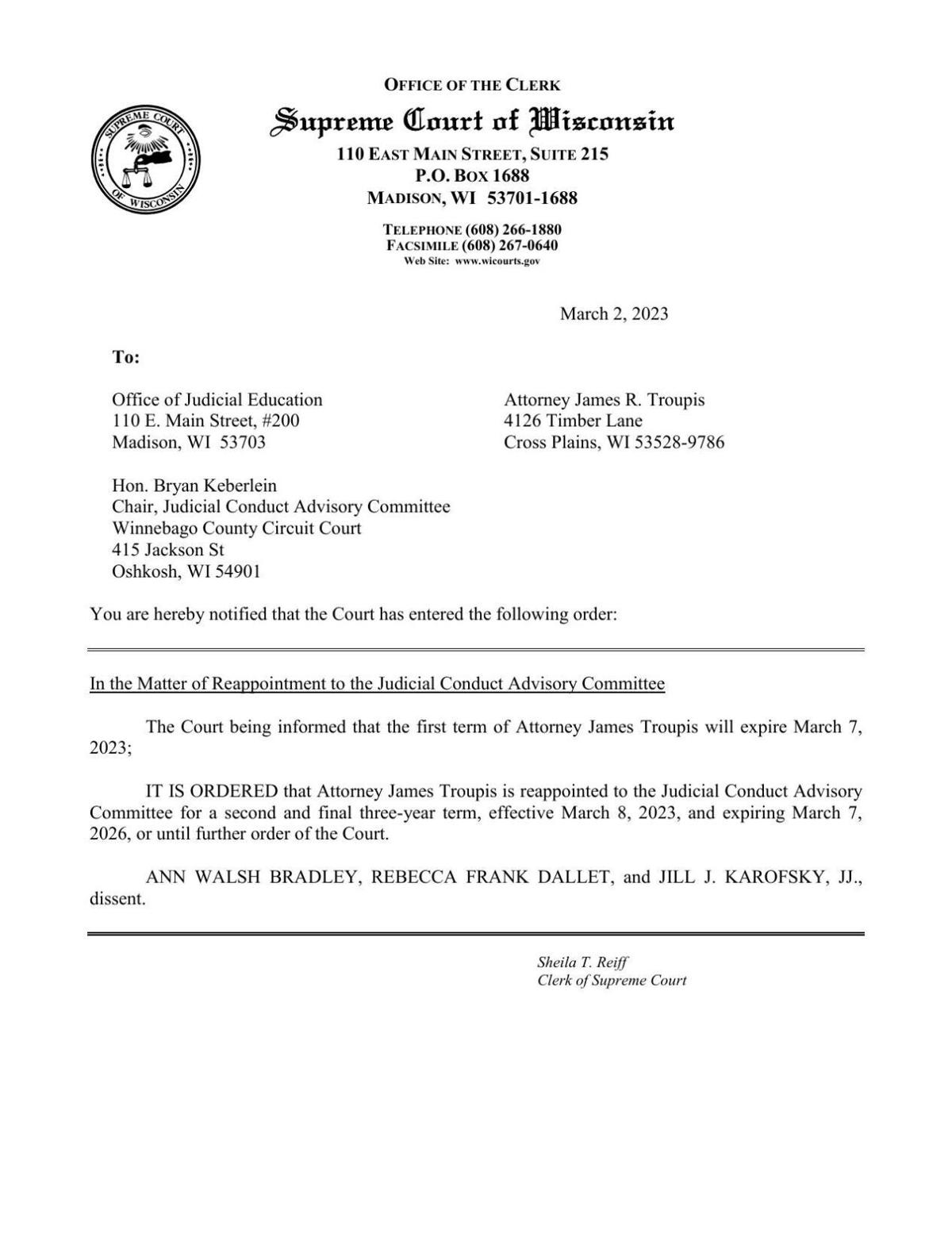 Jim Troupis reappointment order