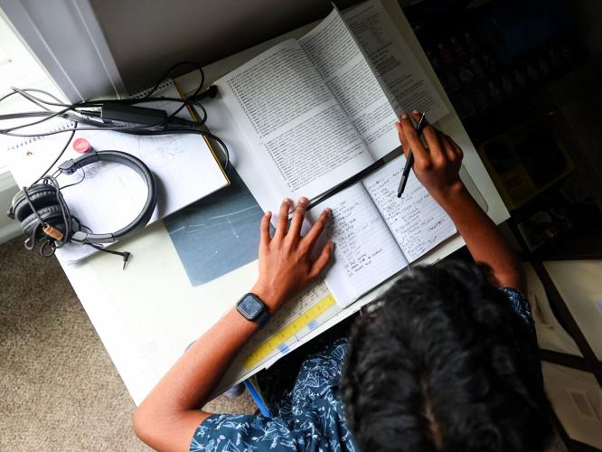 Speller Arnav Vempati studies for spelling bee