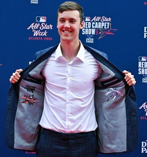 Jacob Misiorowski of the Milwaukee Brewers sports a Pokemon jacket as he attends the 2025 MLB All-Star game red carpet.
