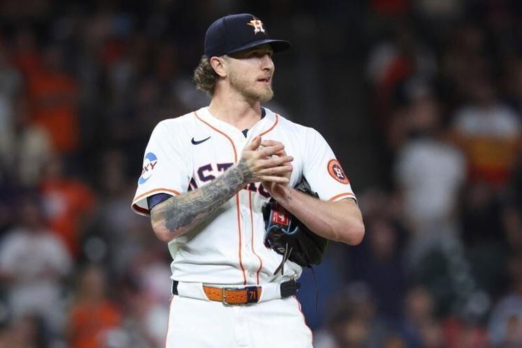 Jul 8, 2025; Houston, Texas, USA; Houston Astros relief pitcher Josh Hader (71) reacts after a pitch during the ninth inning against the Cleveland Guardians at Daikin Park. Mandatory Credit: Troy Taormina-Imagn Images