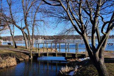 Southwick Creek pedestrian bridge at Geneva Lake in downtown Williams Bay
