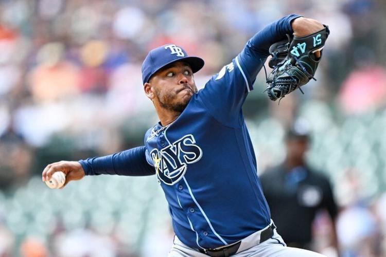 Tampa Bay Rays starting pitcher Freddy Peralta (51) throws a pitch against the Detroit Tigers in the first inning on Aug. 26, 2026, at Comerica Park.