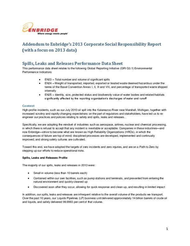 Enbridge handout on spills
