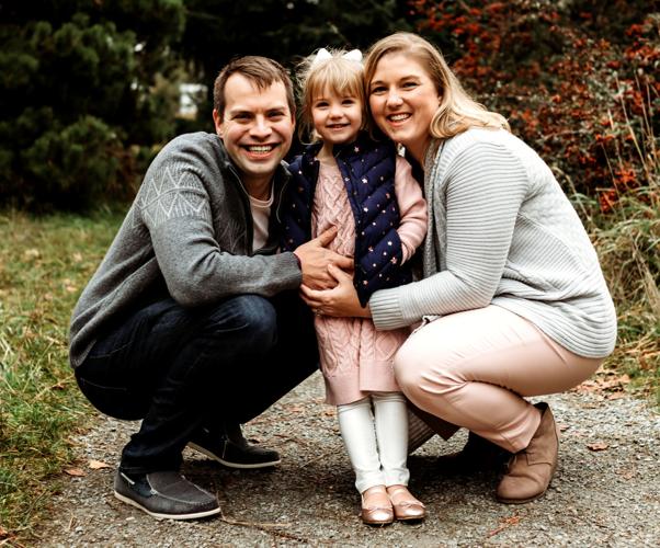 Luke Pfeifer, left, and Monica Pfeifer, right, pictured with their daughter Bayleigh, plan to take over ownership of the Maxwell Mansion in December (copy) (copy)