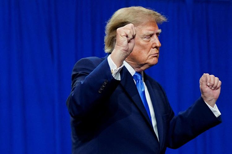 US President Trump attends a rally at Butler High School in Vandalia
