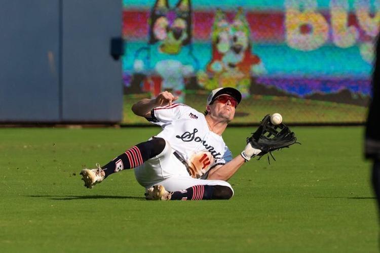 Tyler Black makes a sliding catch for the Nashville Sounds earlier in the 2026 season. Black's catch against the wall on Aug. 23, 2026, marked the final out of a seven-inning no-hitter in Norfolk.