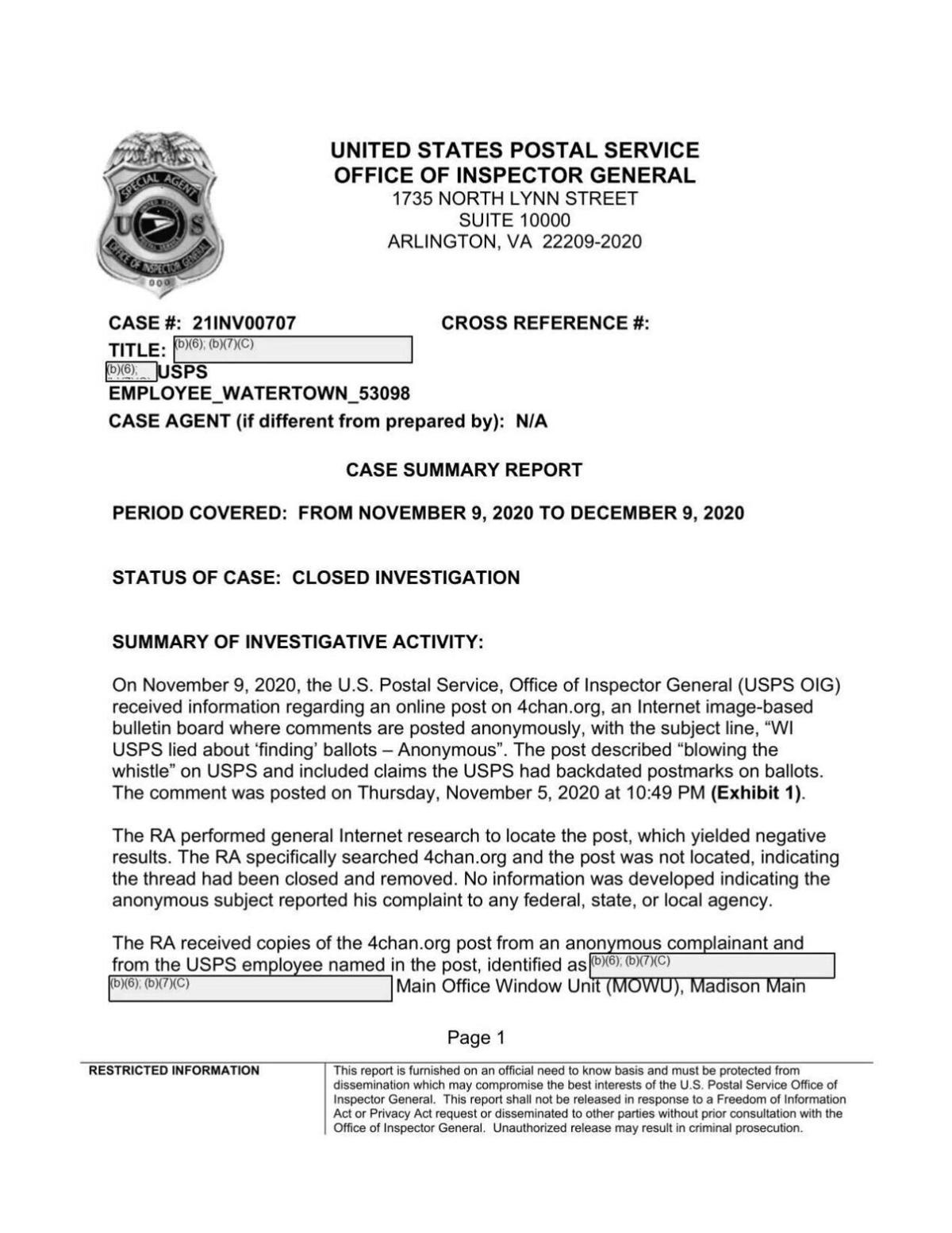 USPS OIG report on Ethan Pease