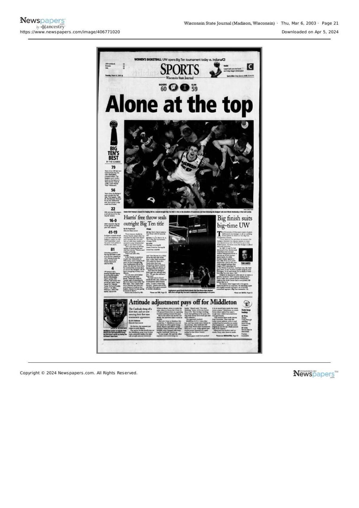 State Journal sports cover March 6, 2003