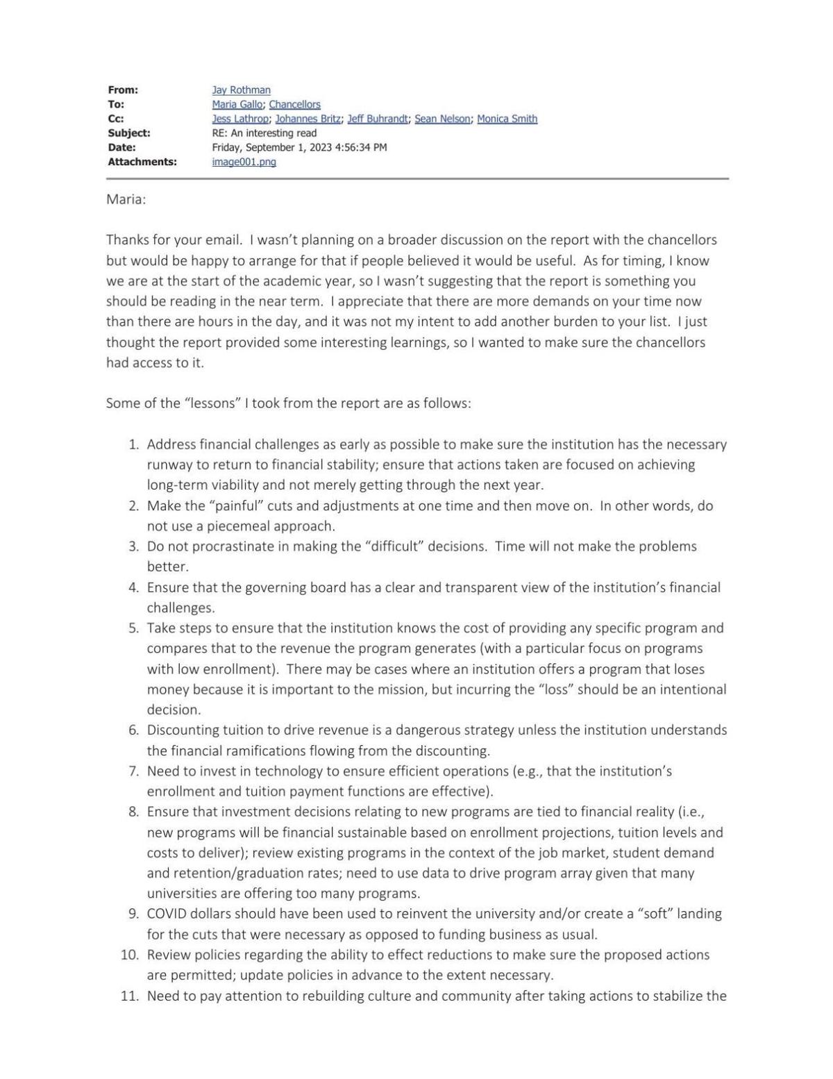 Jay Rothman email to UW system chancellors